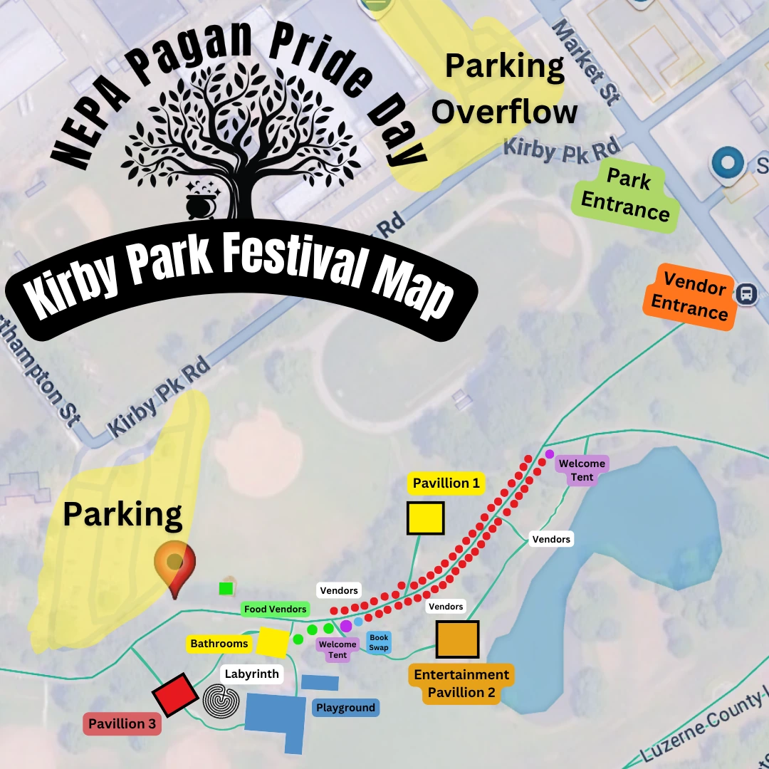 Kirby Park festival map showing parking, overflow parking, park and vendor entrances, three pavilions, welcome tents, vendor areas, food vendors, bathrooms, labyrinth, book swap, playground, and the opening procession route.
